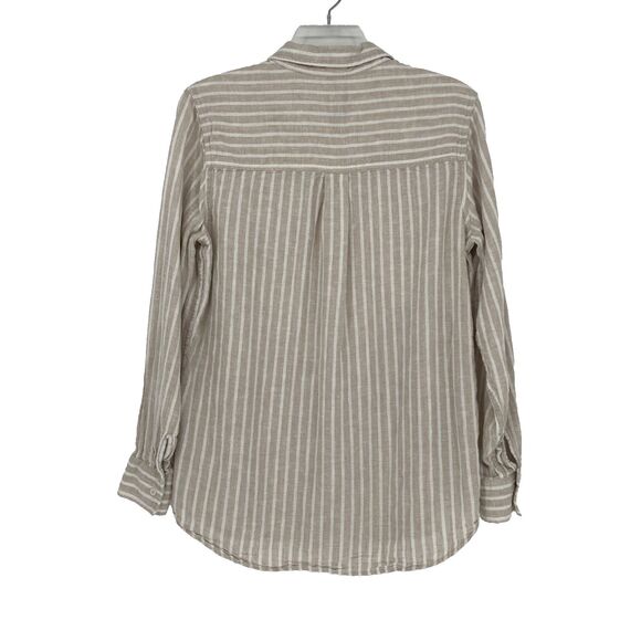 Gap Linen Blend Button Down Mens SMALL Tan Stripe Pocket Long Sleeve - Picture 3 of 12